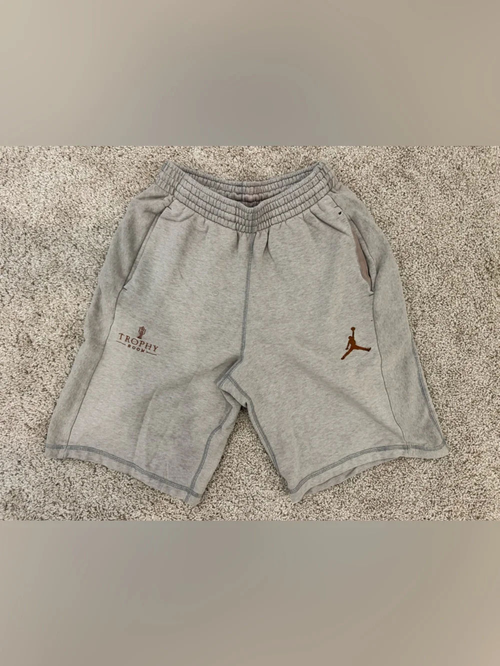 Jordan X Trophy Room collab Light Gray Athletic Shorts with Brown Jumpman